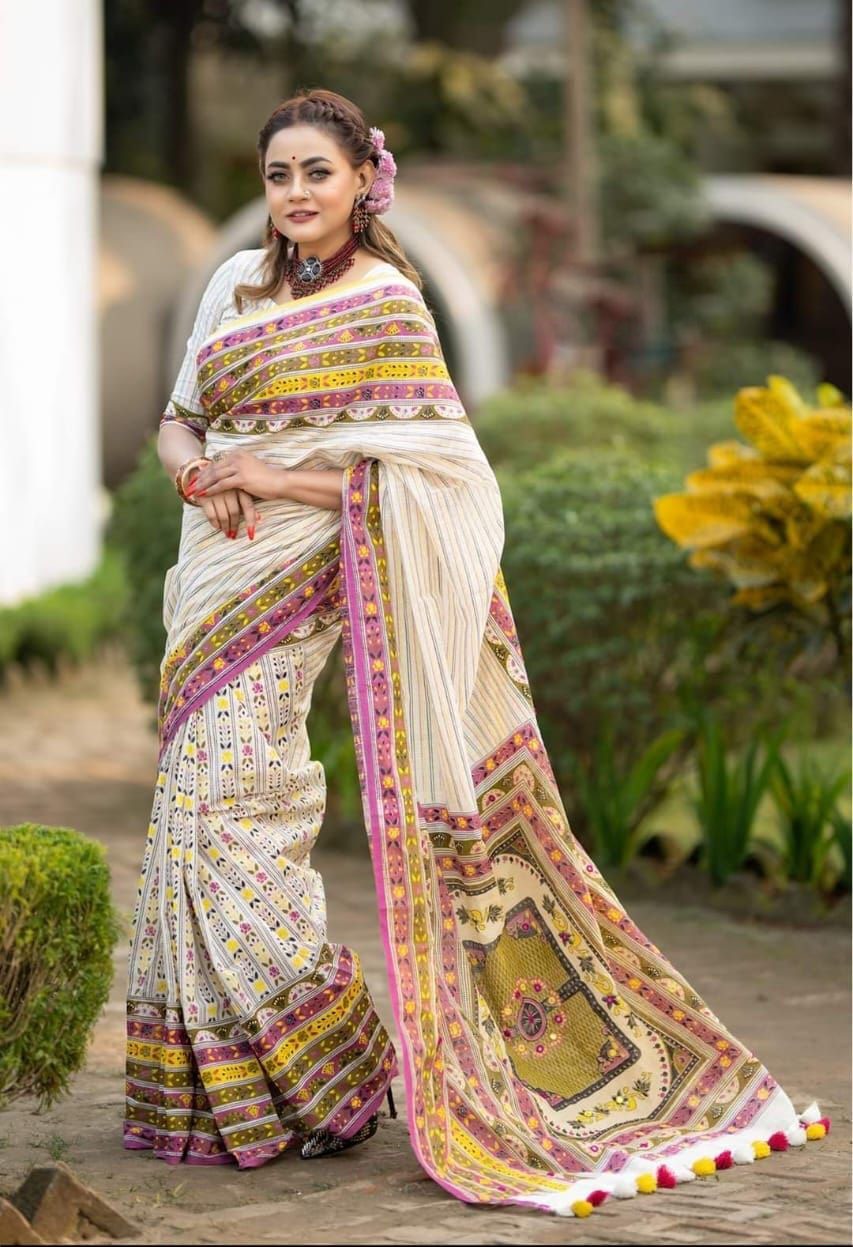 Half Silk Saree with Screen Printed Design, 6 Colour Choices
