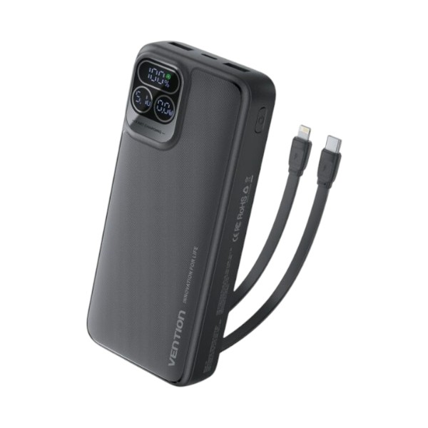 VENTION 22.5W 20000mAh পাওয়ার ব্যাংক বিল্ট-ইন USB-C ও Lightning কেবলসহ – কালো