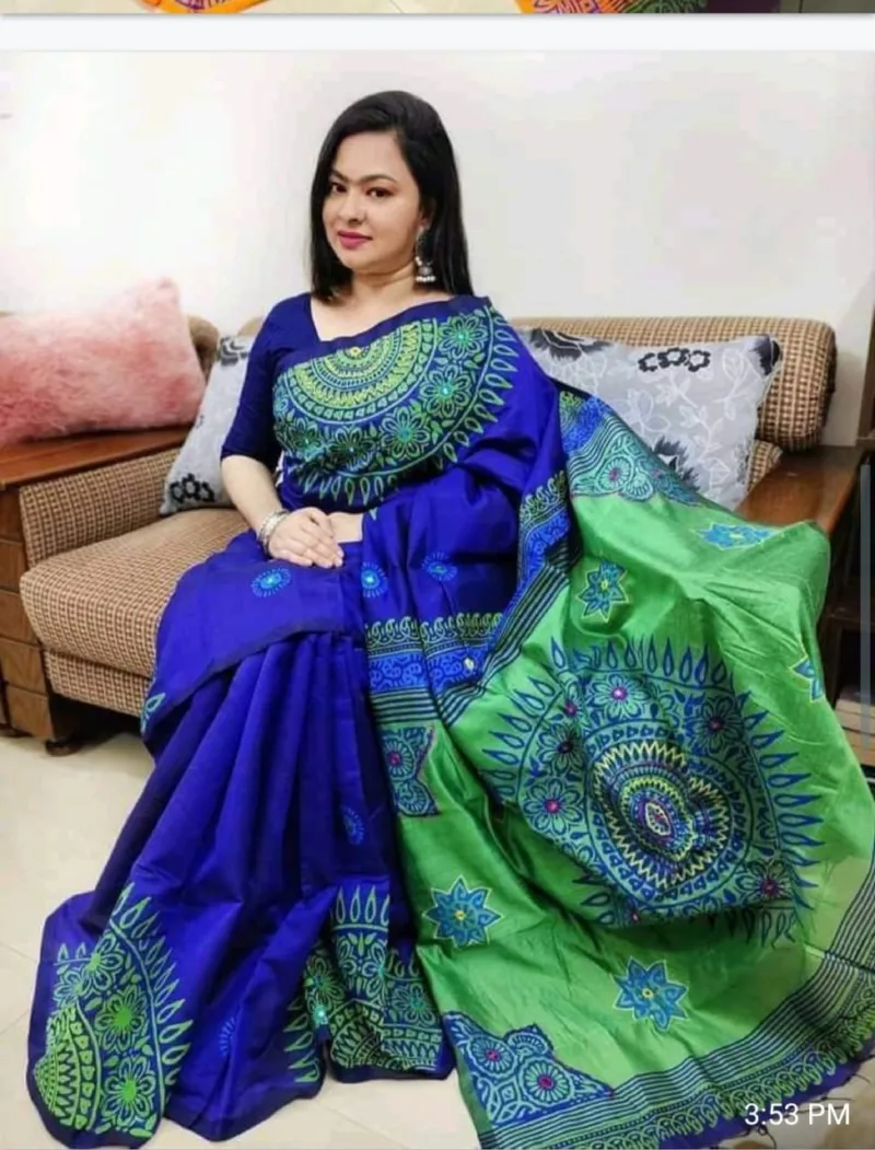 Dhupian Silk Saree with Block Print and Embroidery, 13 Haath