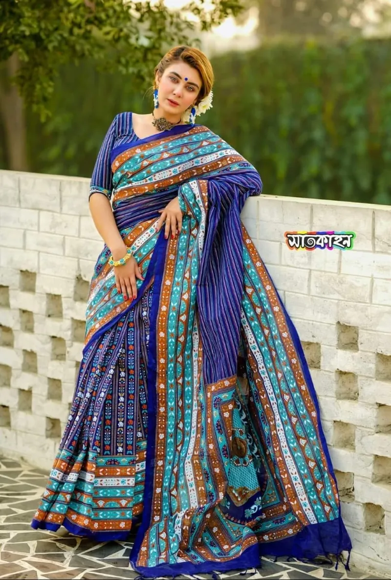Half Silk Saree with Screen Print Work, 6 Colours