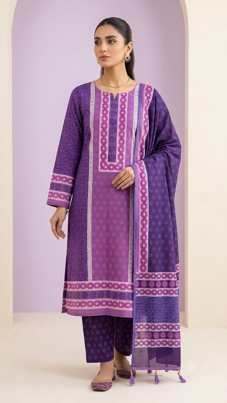 Hand Block Print Voile Unstitched Three Piece for Summer