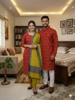 Couple Slub Cotton Three Piece and Panjabi Set, Screen Print