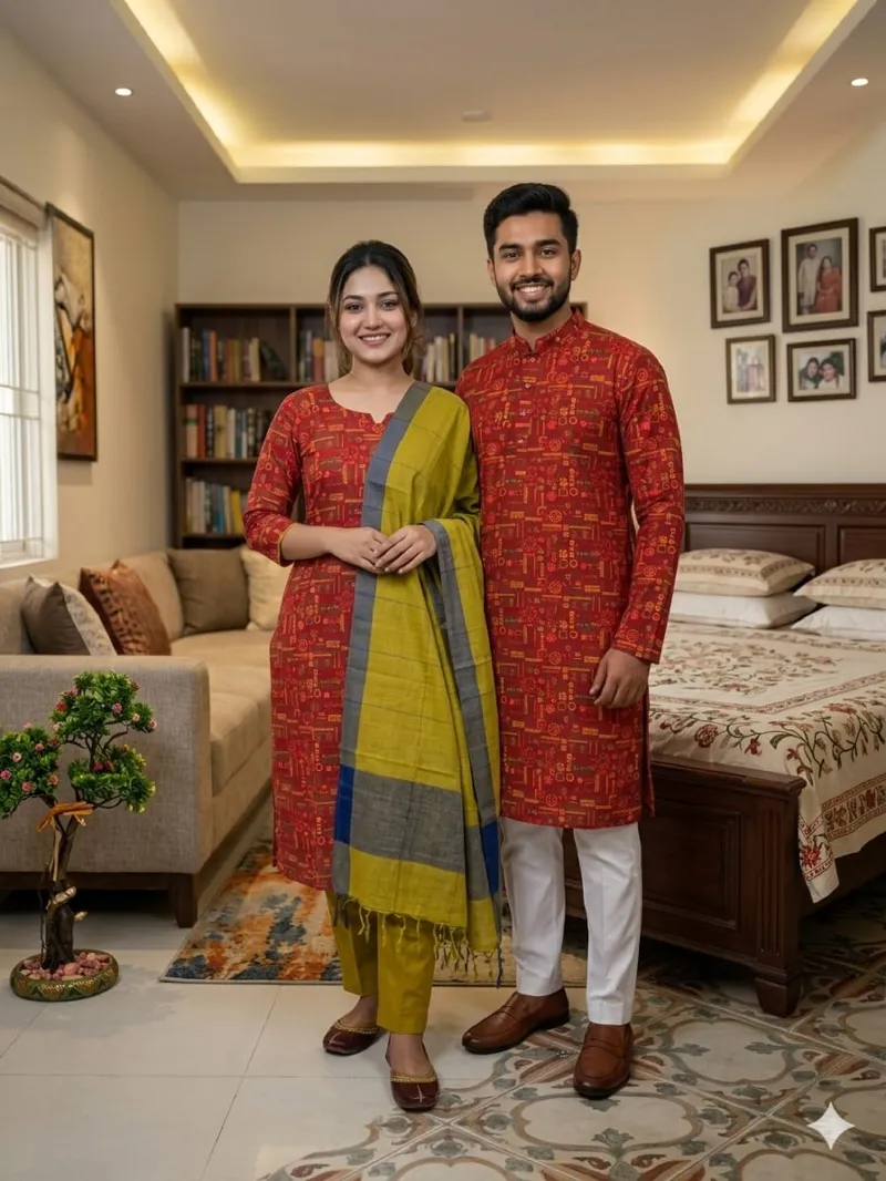 Couple Slub Cotton Three Piece and Panjabi Set, Screen Print