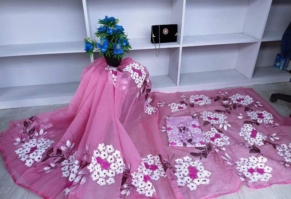Hand Print Brush Work Saree in Half Silk, 12 Haath Long
