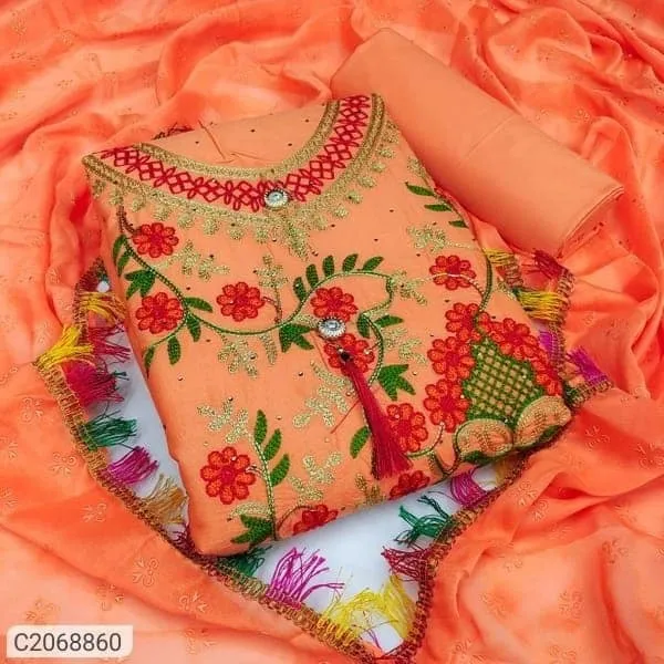 Aari Embroidered Cotton Three Piece, 40 Inch Kameez, 6 Colours