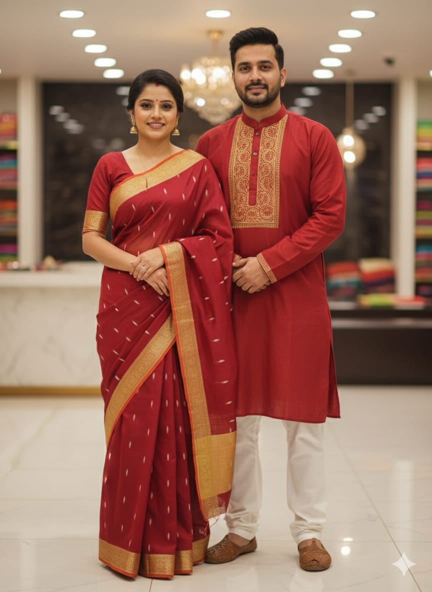Mahisha Saree and Panjabi Couple Set, 13 Haath with Blouse Piece