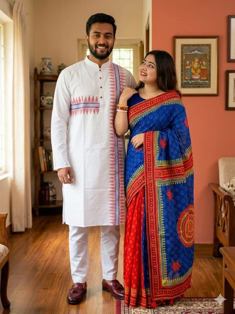 Boishakh Couple Saree and Panjabi Set, Half Cotton and Dhupian Silk