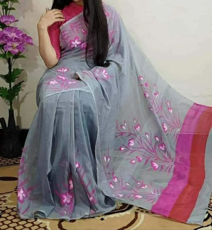 Women's Hand Print Half Silk Saree, 12 Haath, Brush Work