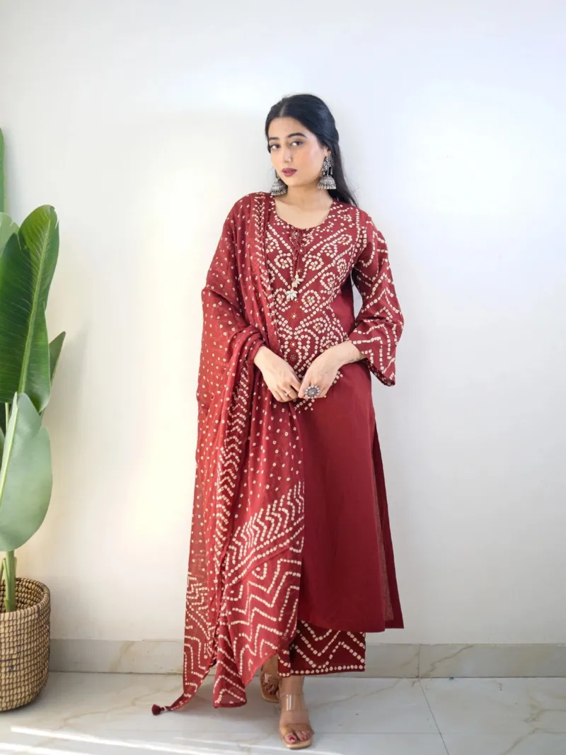 সফট কটন চুনরি প্রিন্ট থ্রি-পিস, গ্লাস ওয়ার্কসহ, 6টি রঙ