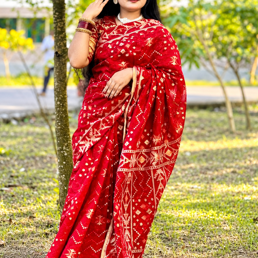 Premium Deep Red and Golden Zari Block-Print Cotton Saree