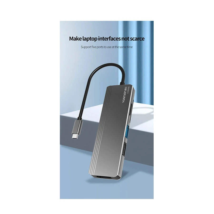 Yuanxin X-80505 Type-C to HDMI, USB 3.0, USB 2.0, TF & SD Hub Black