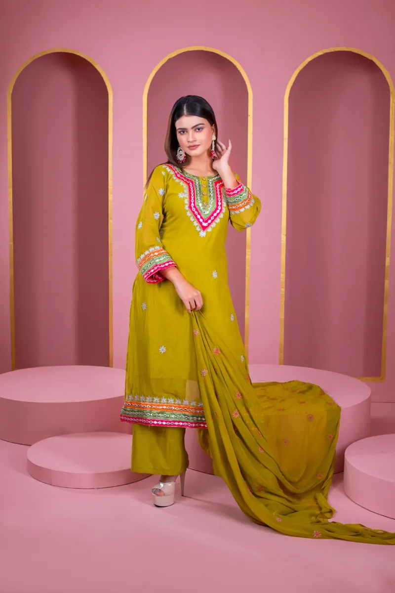 Women's Readymade Georgette Three Piece, Dollar Work, 46 Inch Kameez