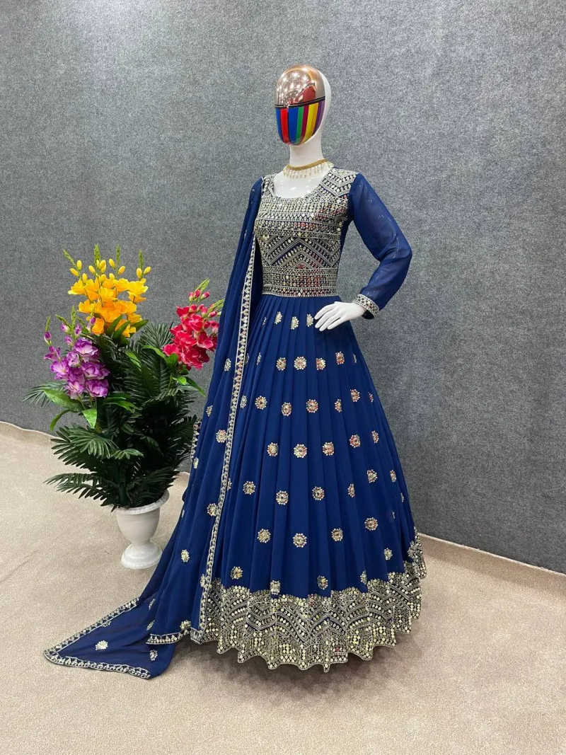 Women's Embroidered Georgette Party Dress, 56 Inch Kameez, 5 Colours