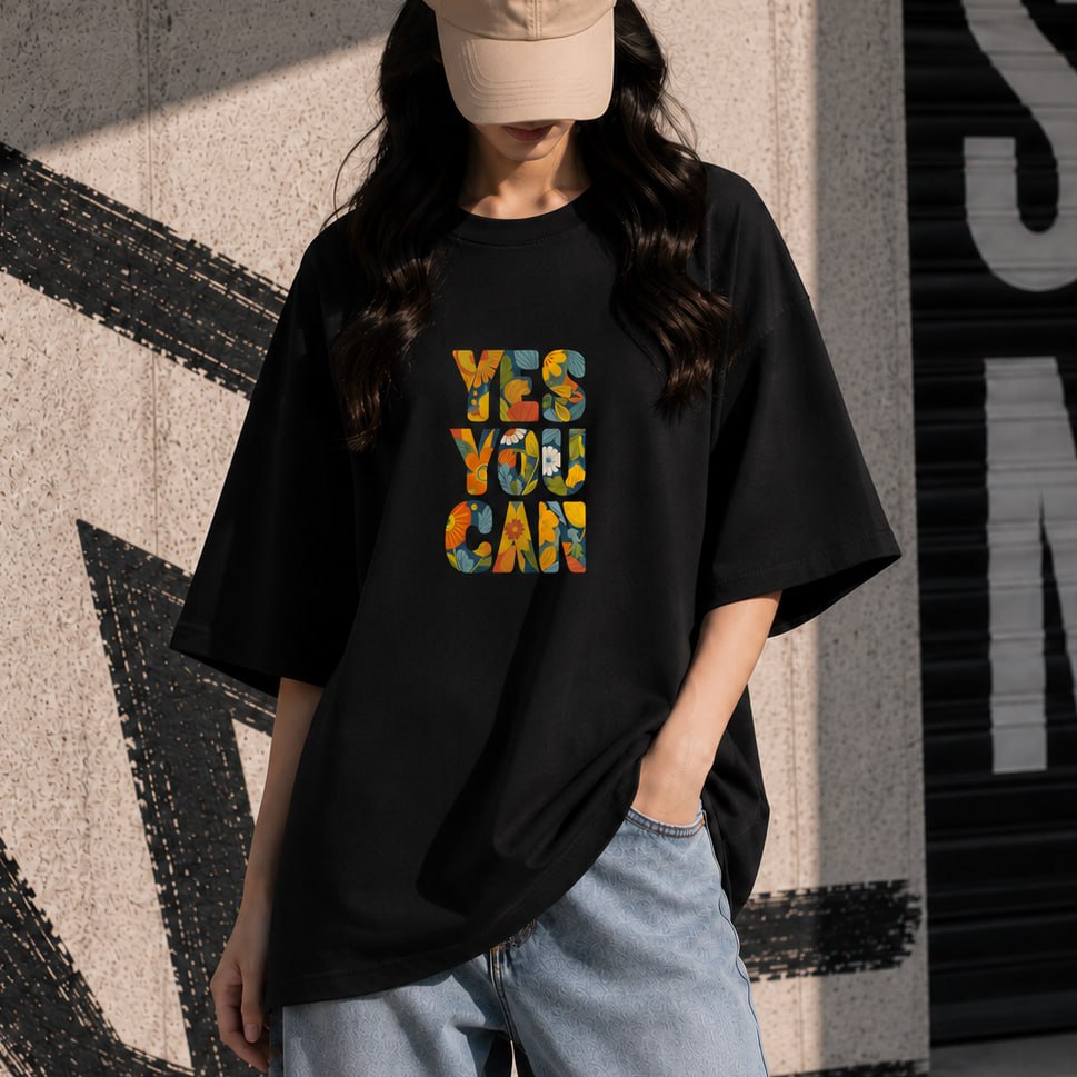 মেয়েদের ড্রপ শোল্ডার টি-শার্ট – কালো, 'YES YOU CAN' প্রিন্ট
