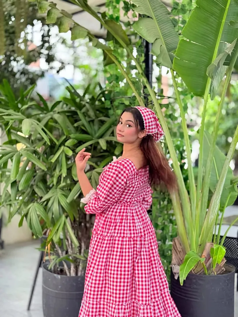 Women's Cotton Check Print Gown Kurti with Lace and Belt