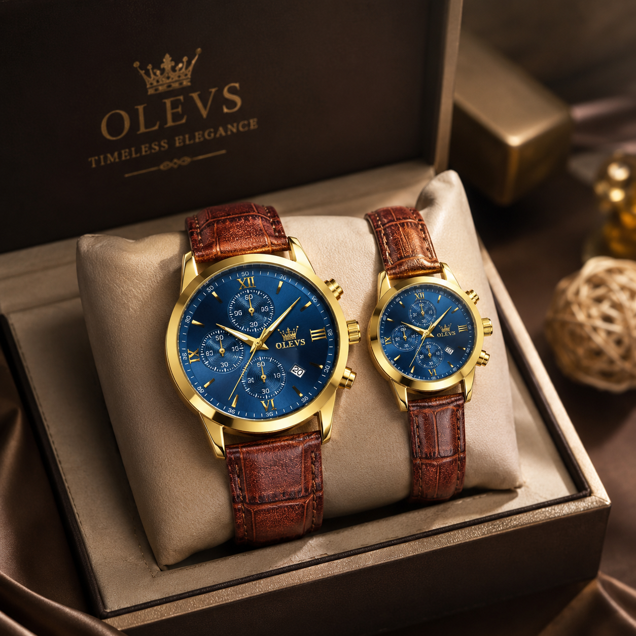 OLEVS লেদার স্ট্র্যাপ কাপল ঘড়ি