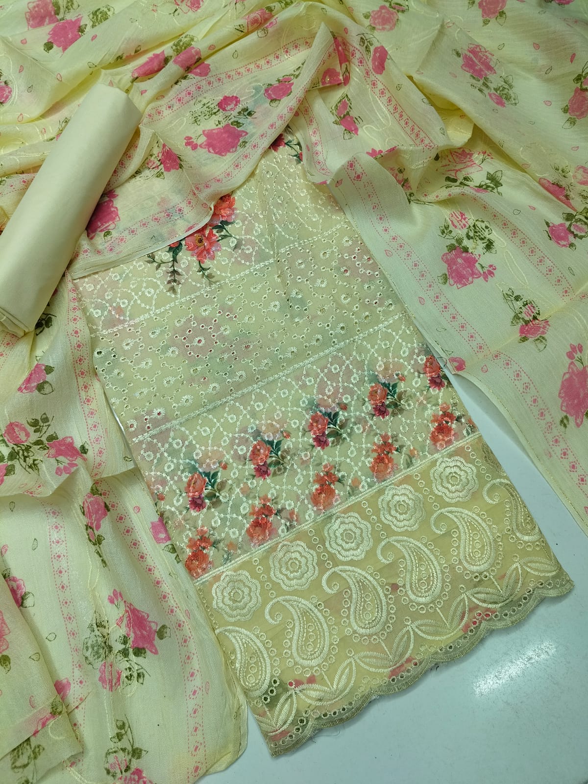 Unstitched Chikankari Cotton Three Piece with Aari Work Orna