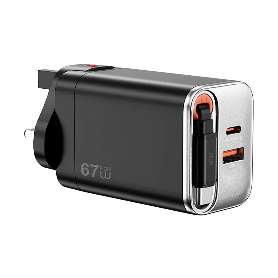 WiWU Helix Pro 67W GaN Charger, Built-in USB-C Cable, EU/UK Plugs