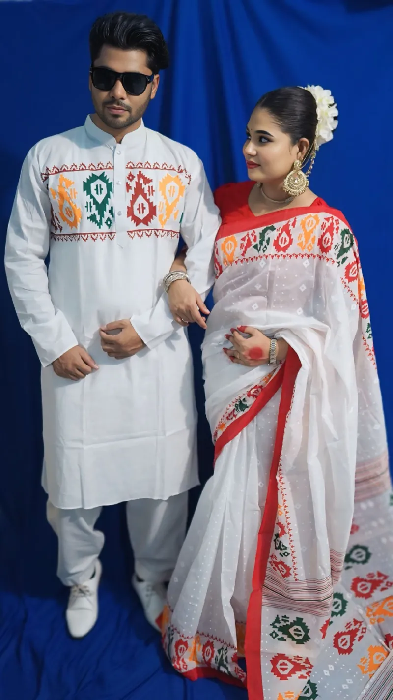 Pohela Boishakh Couple Dress, Tassel Saree with Silk Panjabi