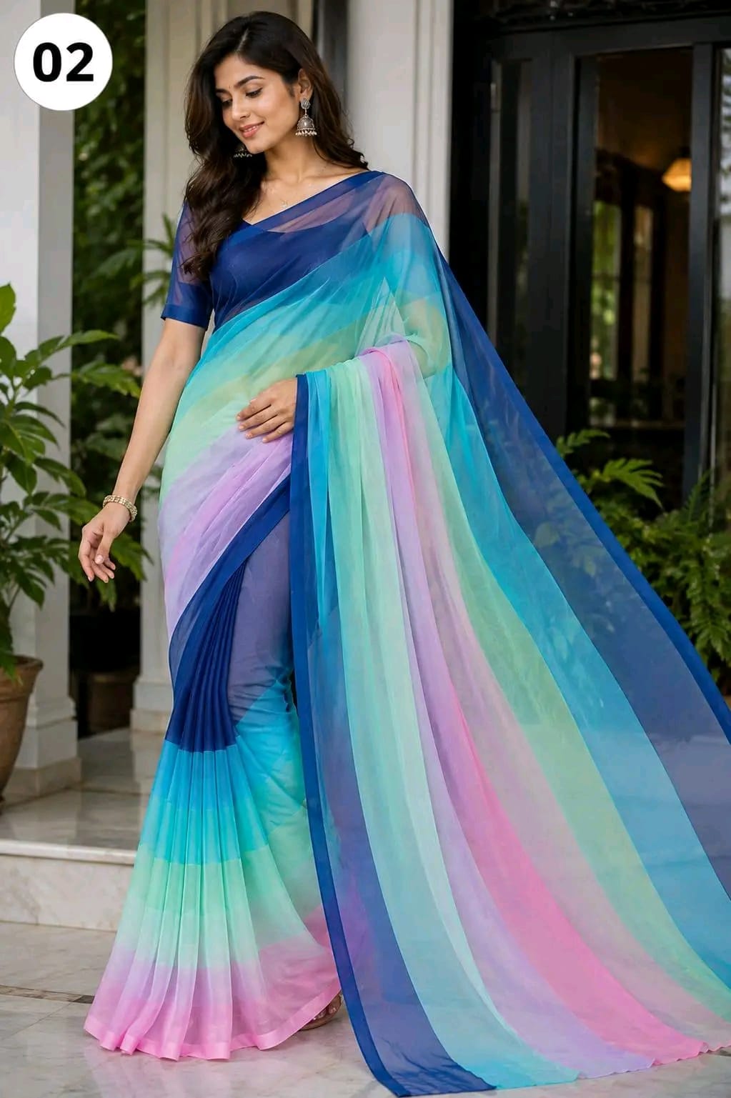 রংধনু জর্জেট শাড়ি, ম্যাচিং ব্লাউজ পিস সহ