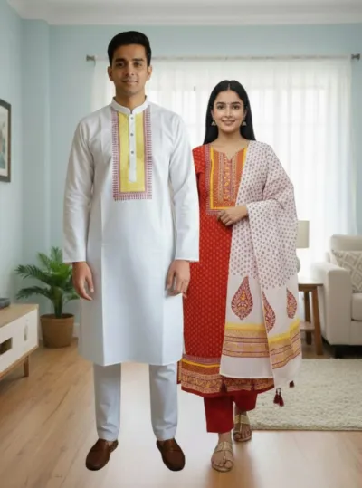 ব্লক প্রিন্ট কাপল থ্রি পিস ও ধুপিয়ান সিল্ক পাঞ্জাবি, 6 রং