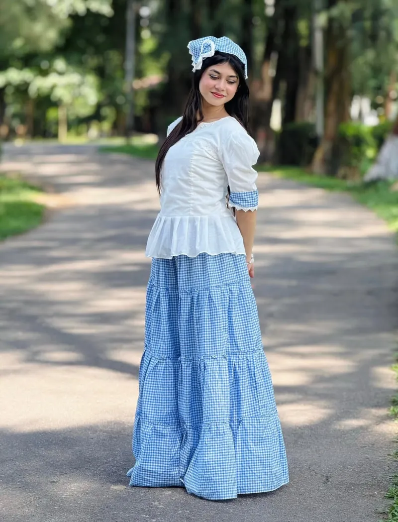 Women's Cotton Tops and Skirt Set with Lace Work and Check Print