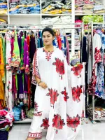 মেয়েদের পূজা লিনেন থ্রি-পিস, এমব্রয়ডারি ও ডিজিটাল প্রিন্ট ওড়না