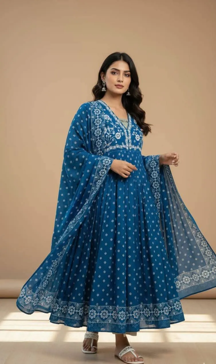 মেয়েদের রেডিমেড নাইরা কাট থ্রি পিস, স্ক্রিন প্রিন্ট, বডি 42