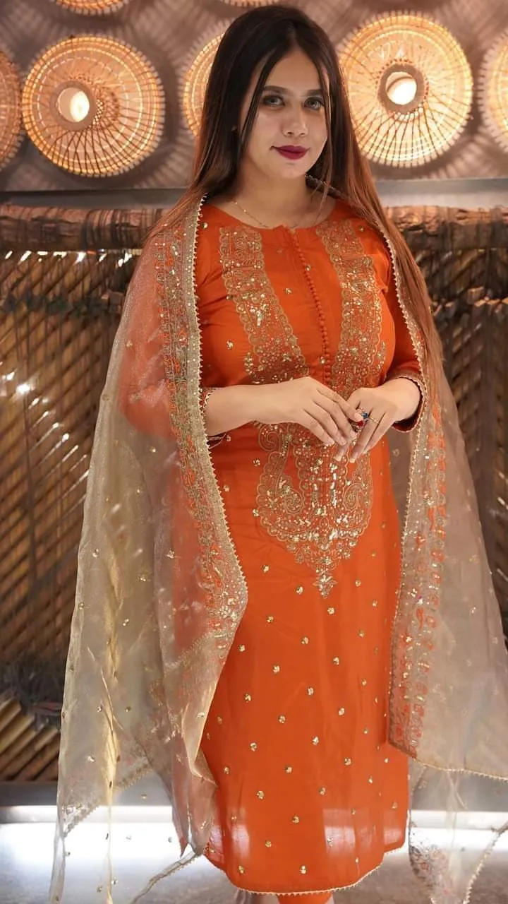রেডিমেড সিকুইন এমব্রয়ডারি AC কটন থ্রি পিস, 38, 42, 44 সাইজ