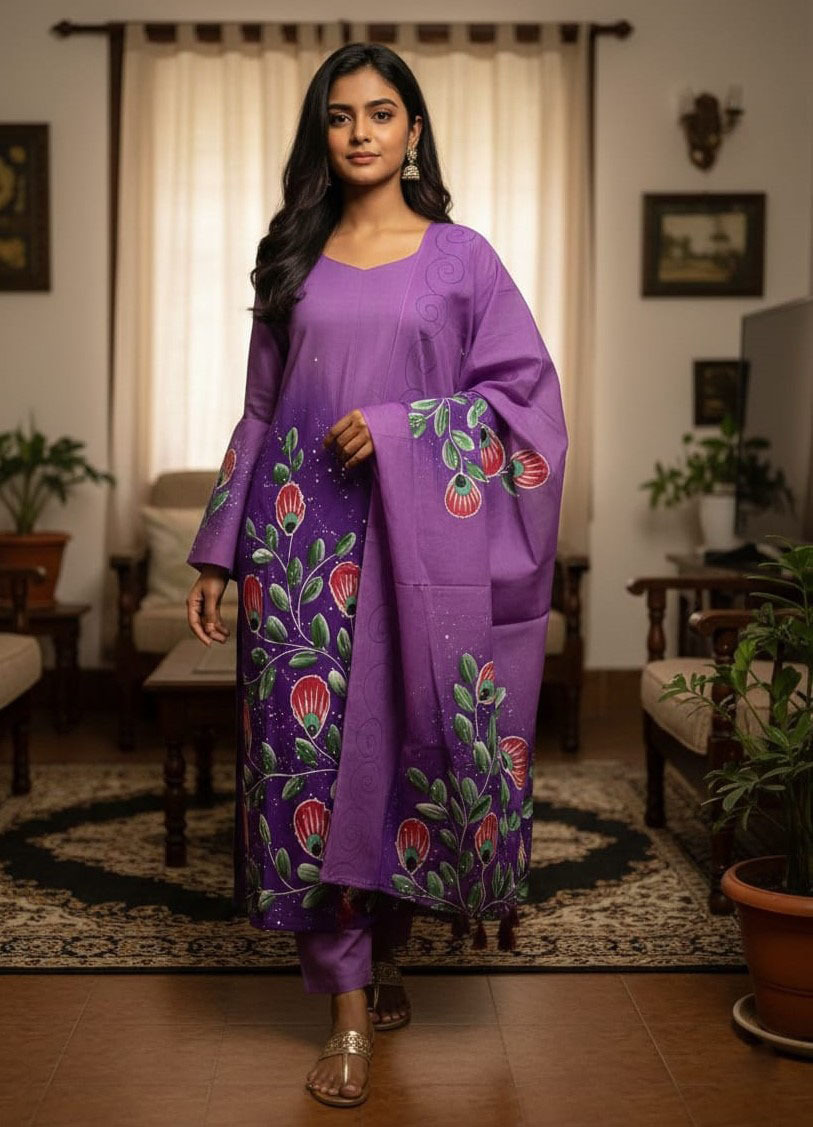 Women's Unstitched Cotton Voile Three Piece, Full Sleeve Kameez