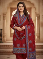 Unstitched Block Print Three Piece in Cotton Voile, 6 Colours