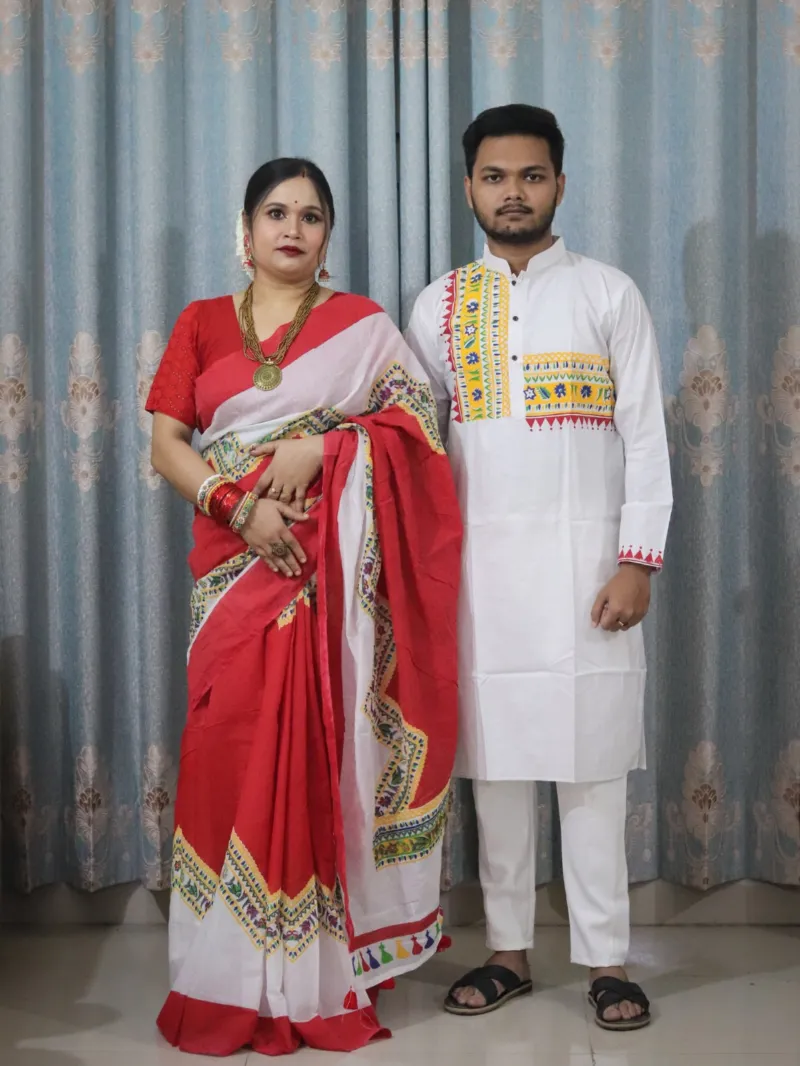 Couple Slub Cotton Panjabi and Half Silk Saree Set, 6 Colours