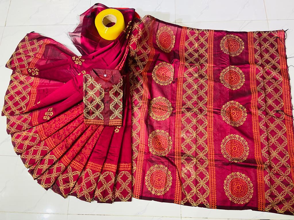 Couple Dress in Dhupian Silk with Block Print, Saree and Panjabi