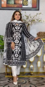 AC Cotton Screen Print Three Piece with Butter Silk Salwar