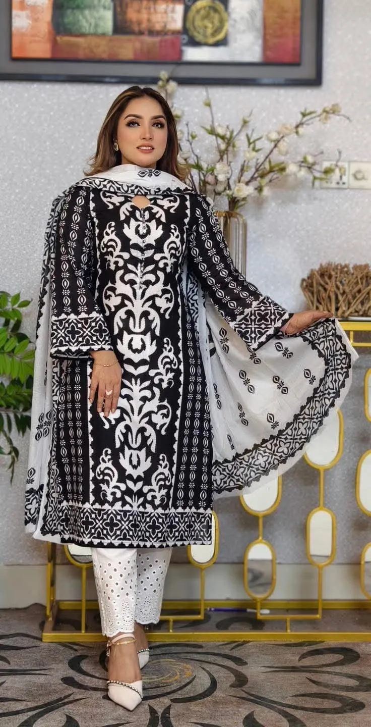 AC Cotton Screen Print Three Piece with Butter Silk Salwar