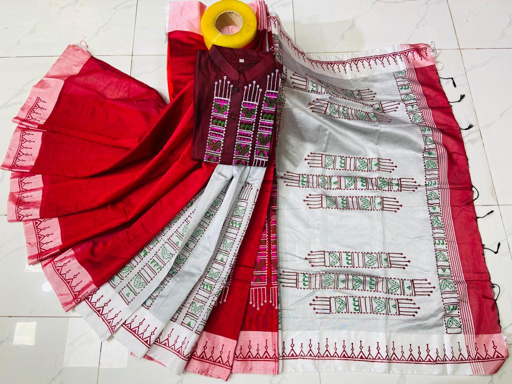 Dhupian Silk Block Print Saree and Panjabi Set for Couples