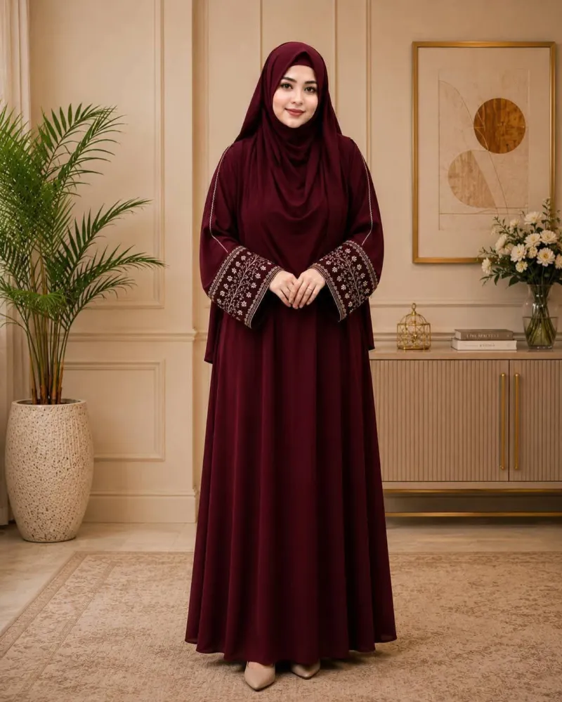 Anzar Embroidery Borka in Cherry Fabric, Free Body Size