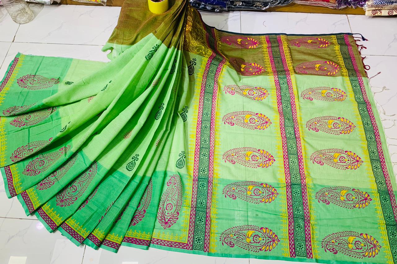 Cotton Suti Saree with Block Print Work, 14 Haath
