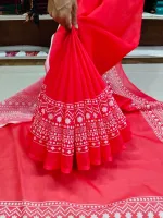 Chanderi Silk Saree with Printed Body and Border Work, Blouse Piece