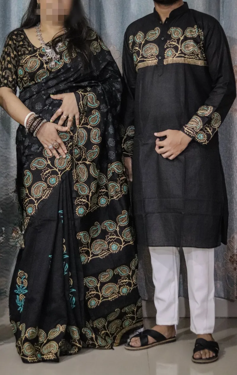 Block Print Dhupian Saree and Panjabi Couple Dress, 38 to 46