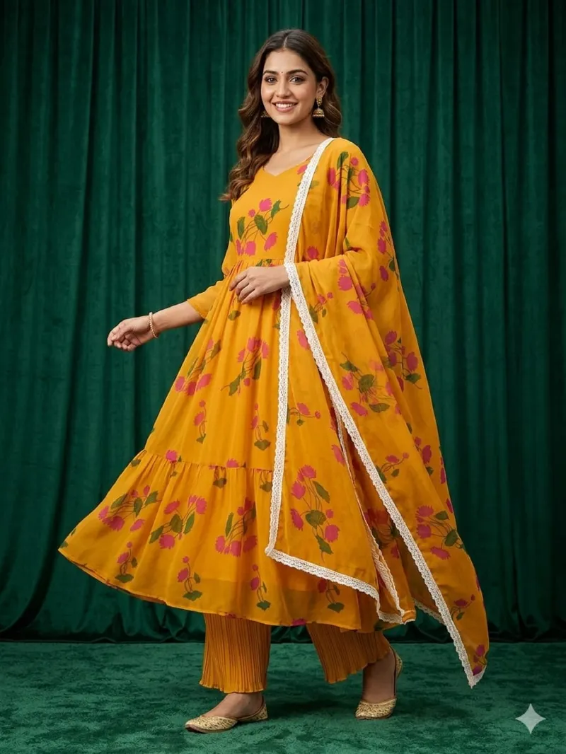 Georgette Gown Three Piece, Free Size with Lace Orna
