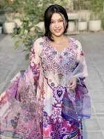 Women's Silk Digital Print Three Piece with Soft Cotton Orna