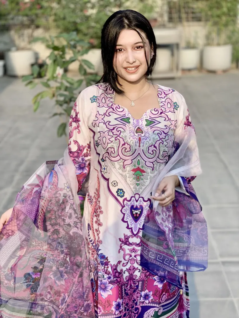 Women's Silk Digital Print Three Piece with Soft Cotton Orna