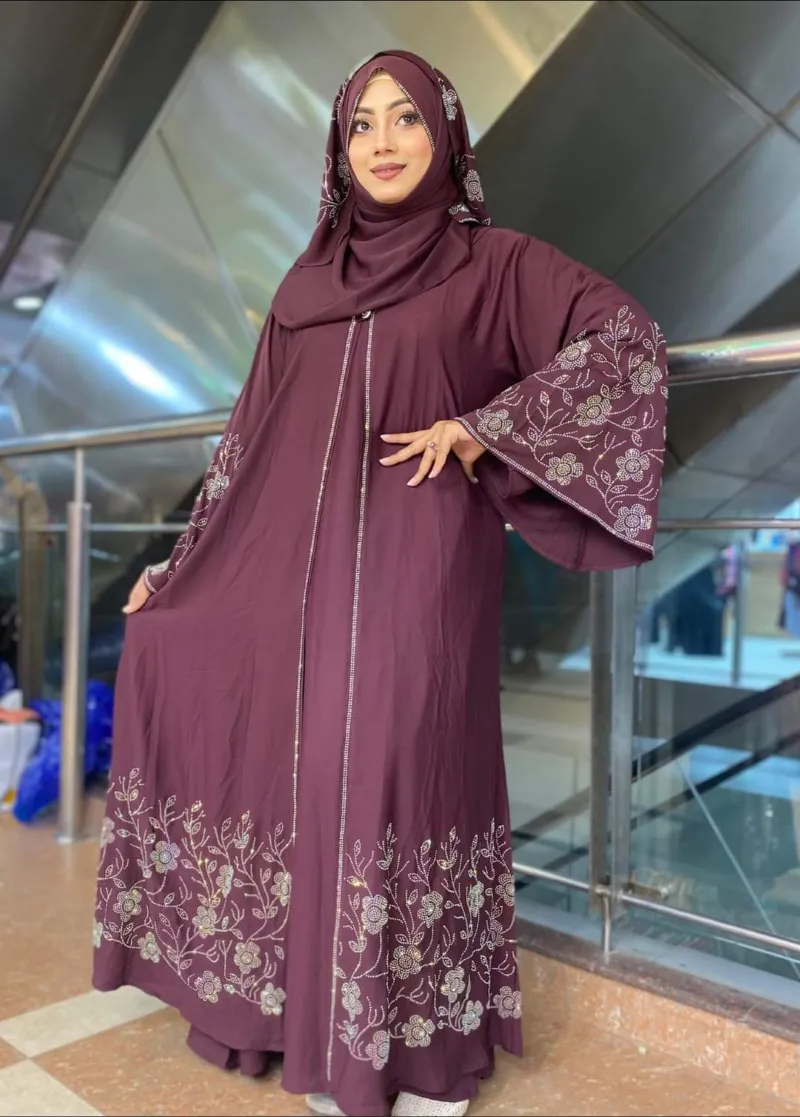 Stone Set Borka with Hijab in Cherry Fabric, Body up to 46
