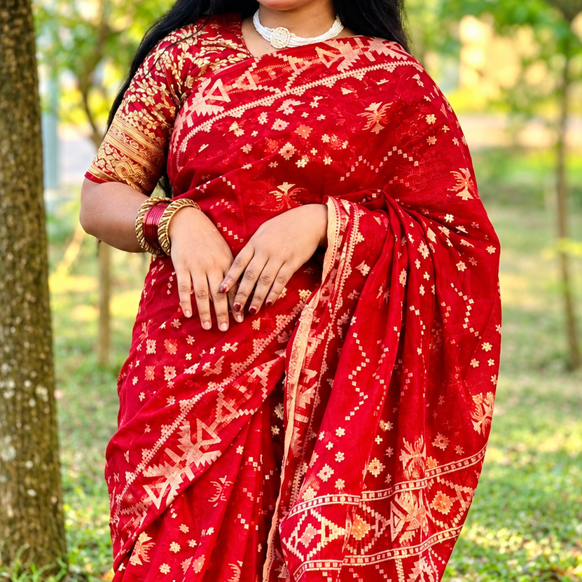 Premium Deep Red and Golden Zari Block-Print Cotton Saree