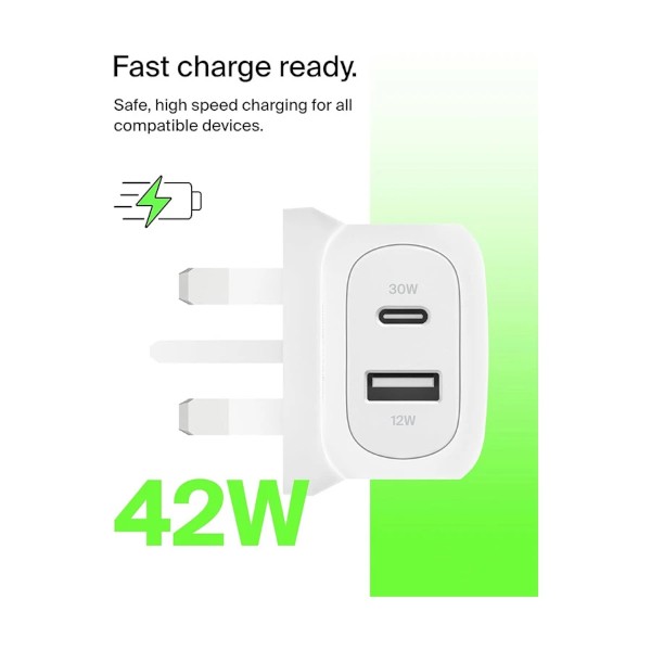 বেলকিন বুস্টচার্জ WCB009myWH 42W PD 3.0 PPS USB & USB-C চার্জার (UK)
