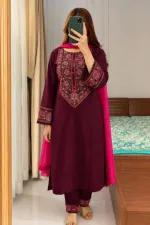সফট কটন থ্রি-পিস, এমব্রয়ডারি করা সালোয়ার ও জর্জেট ওড়না