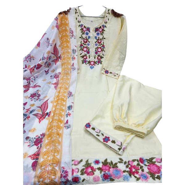 Elegant Embroidered Linen Three Piece Set