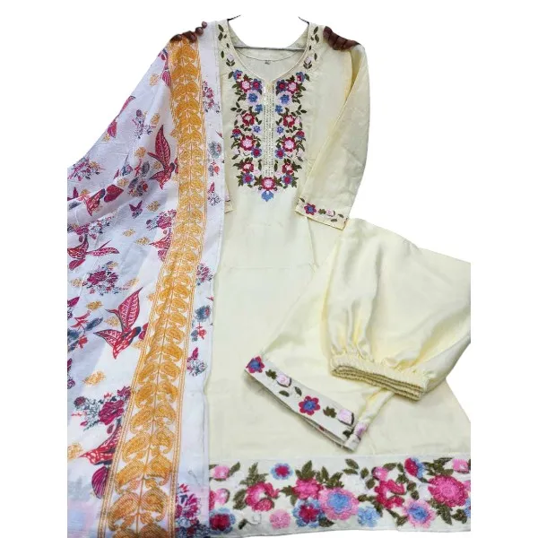 এমব্রয়ডারি করা লিনেন থ্রি পিস সেট