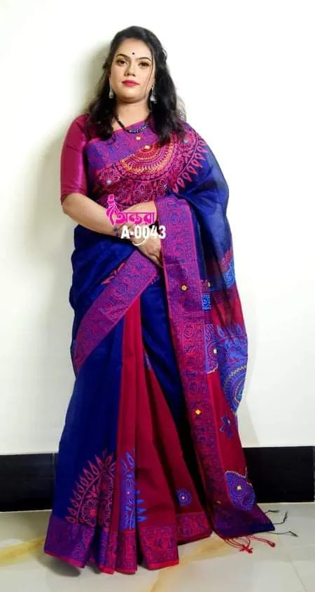 13 Haath Dhupian Silk Saree with Embroidered Block Print Work